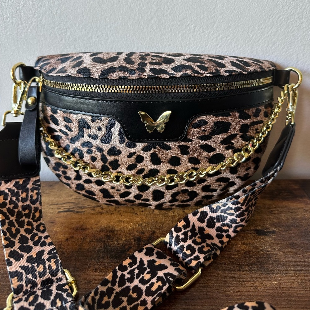 Leopard Print Crossbody Bag with Gold Chain and Butterfly Faux Leather NWT